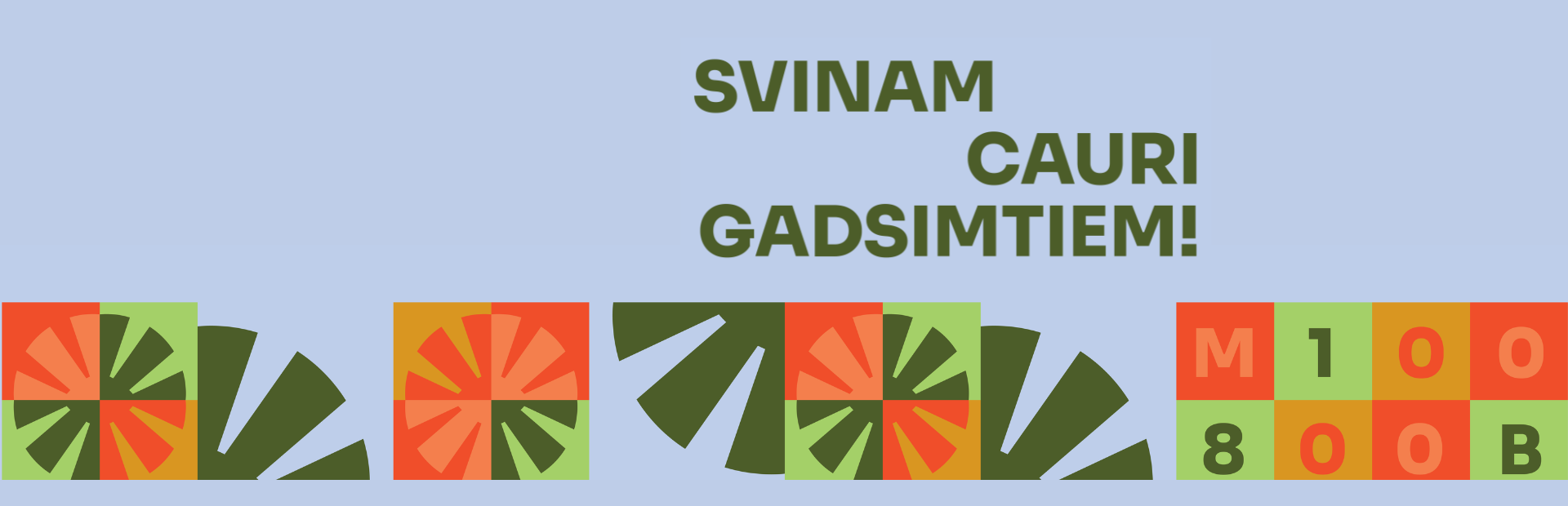 Gaiši zils fons ar krāsainu grafiku un tekstu par svētkiem