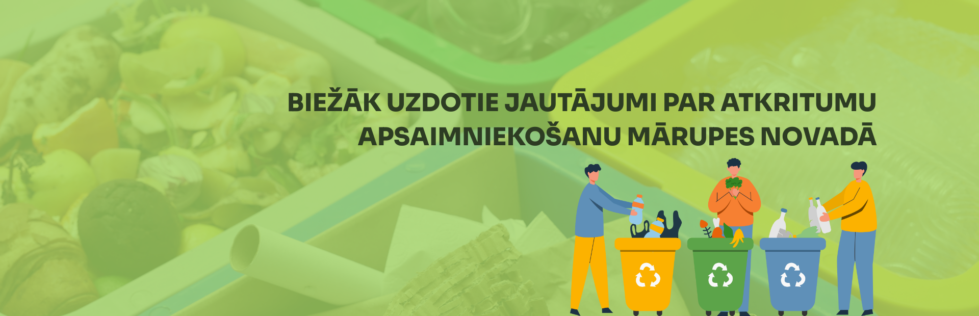 Zaļš fons ar krāsainu grafiku par atkritumu šķirošanu un tekstu