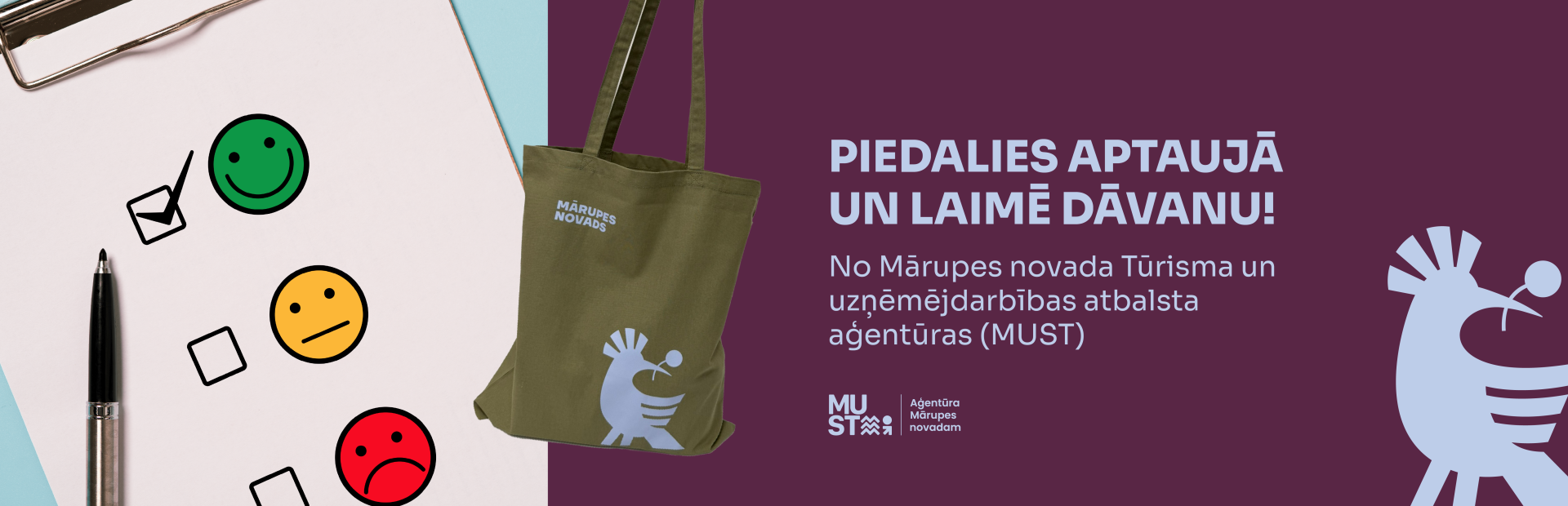 Tumši violets fons ar tekstu par aptauju