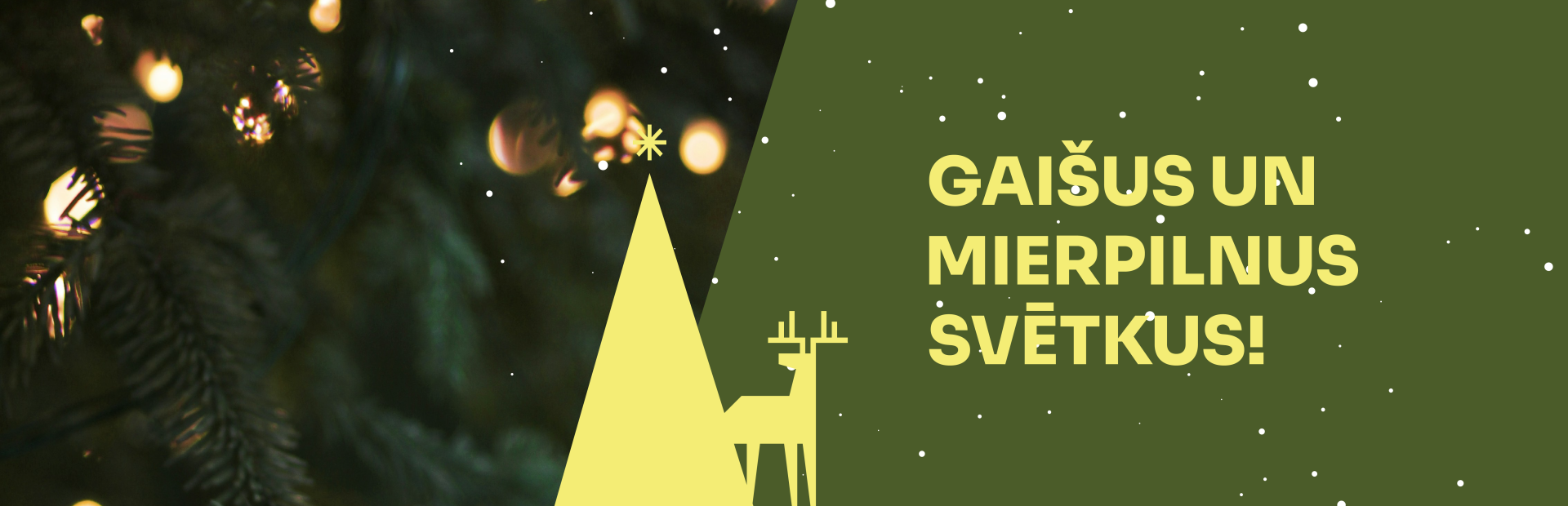 Zaļš vizuālis ar dzelteniem burtiem un elementiem