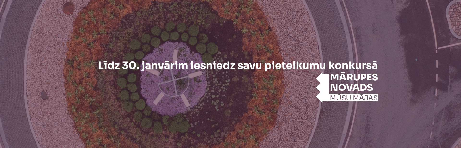 Violets fons ar baltu teksta un elementu grafiku