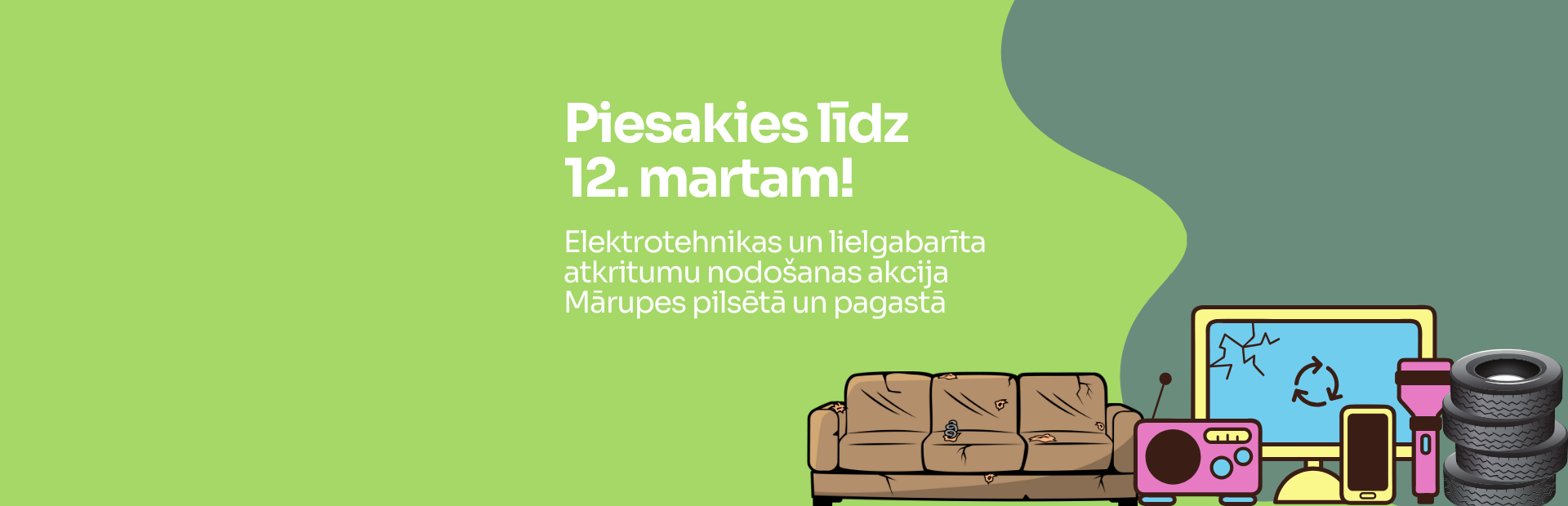 Koši zaļš un tumši zaļš fons ar krāsainiem elementiem un tekstu