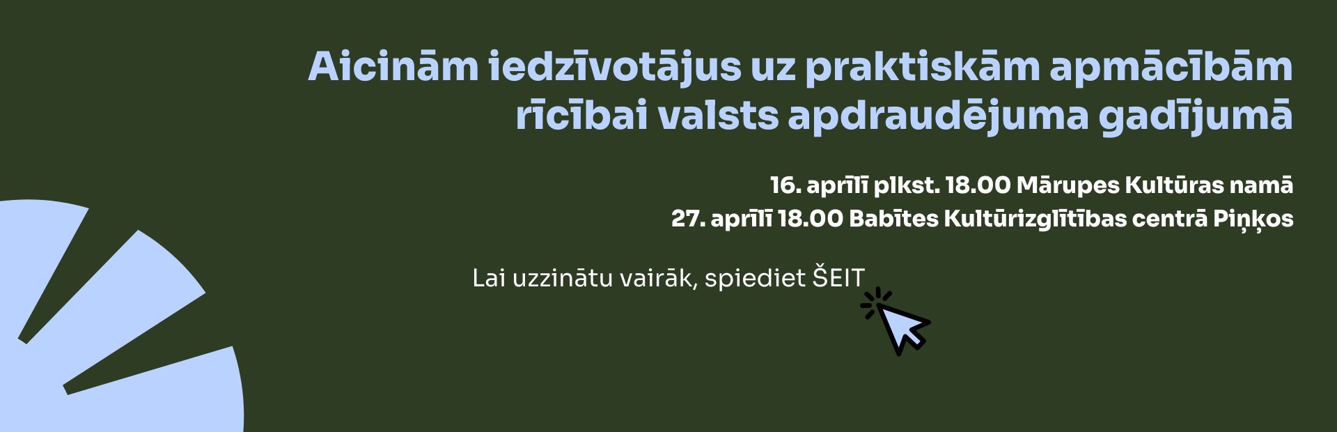 Tumši zaļš fons ar gaišu grafiku un tekstu virsū par semināru