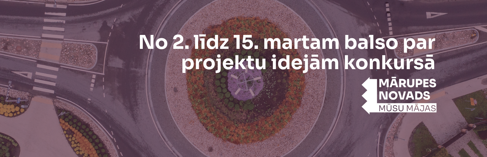 Violets fons ar baltu teksta un elementu grafiku