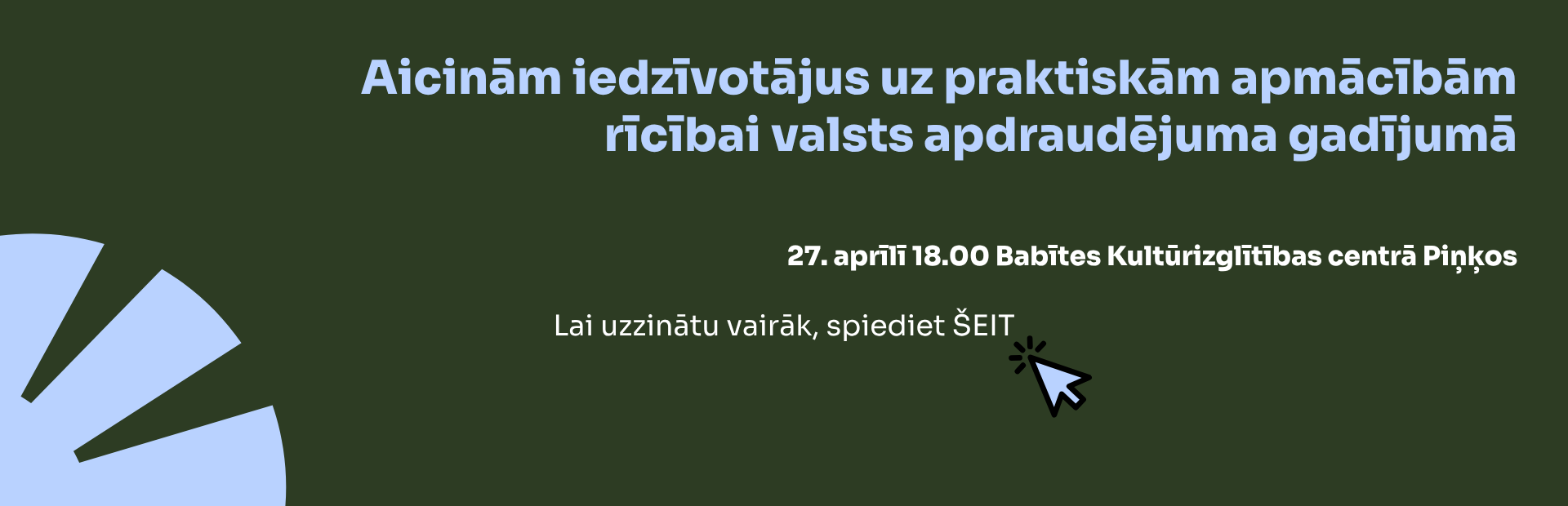 tumši zaļš fons ar krāsainu elementu grafiku un tekstu