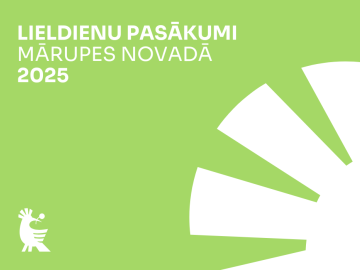 Koši zaļš fons ar baltu grafiku par pasākumiem Lieldienās Mārupes novadā
