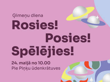 Rozā fons ar krāsainu grafiku un tekstu par pasākumu