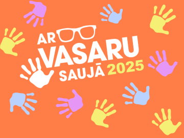 Koši oranžs fons ar baltu tekstu un krāsainām plaukstiņām grafikā