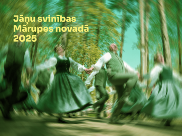 Dejotāju fotogrāfija ar efektiem un dzeltenu tekstu virsū