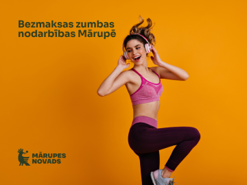 Koši oranžs fons ar zumbas dejotāju un tekstu par nodarbībām