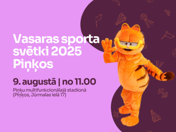 violeti rozā vizuālis ar baltu tekstu un ar oranžu kaķa talismana tērpu