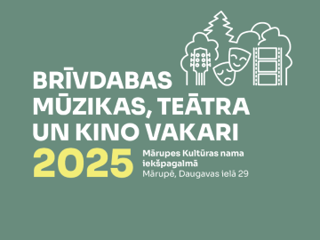 Zaļš fons ar balti dzeltenu tekstu un grafiku virsū
