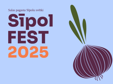 Gaiši zils fons ar violeti oranžu grafiku un tekstu