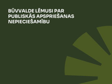 Tumši zaļš fons ar gaišāki zaļu elementu un baltiem burtiem par to, ka būvvalde lēmusi par publiskās apspriešanas nepieciešamību zemes vienībā Zemturu ielā 12, Mārupē