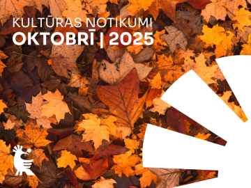 Rudens lapu foto un virsū balta grafika ar tekstu par pasākumiem oktobrī