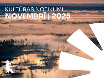 Puva skats saullēktā ar baltu elementu un teksta grafiku 