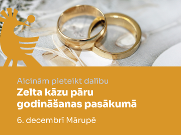 Koši dzeltens fons ar zelta gredzeniem un tekstu par pasākumu zelta kāzu pāriem
