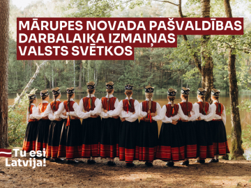 Meitenes tautastērpos brīvā darbā ar sarkani baltu tekstu un grafiku virsū