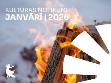 Ziemas ugunskura foto un virsū balta grafika ar tekstu par pasākumiem