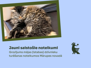 Gaiši zils fons ar tekstu par mājas dzīvnieku turēšanas noteikumu spēkā stāšanos