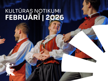 Dejotāji tautas tērpos un balta grafika ar tekstu par pasākumiem