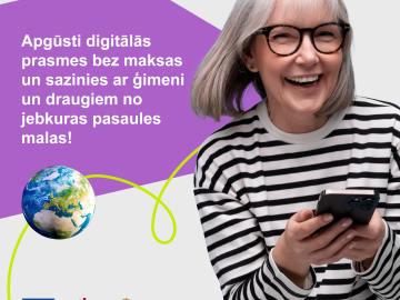 Gaišs vizuālis ar violetiem, melniem un baltiem elementiem