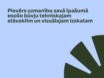Gaiši zils fons ar tumši zaļu tekstu un elementu grafiku