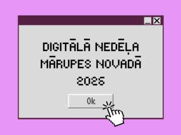 Rozā fons ar pelēku grafiku un tekstu