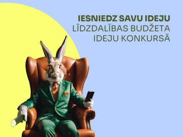 Gaiši zils fons ar košu grafiku, zaķa tēlu un tekstu par konkursa norisi