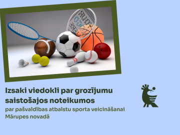 Gaiši zils fons ar krāsainu sporta piederumu foto un tekstu par saistošo noteikumu projektu