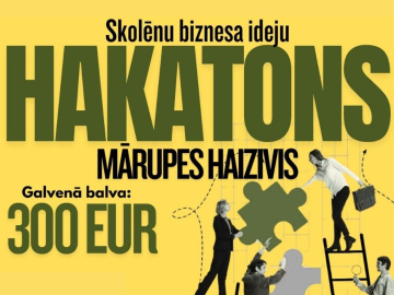 uz dzeltena fona, ar tumši zaļiem burtiem informācija par pasākumu - hakatons