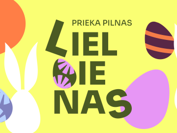 uz dzeltena fona, raibas Lieldienu olas un stilizēti balti zaķi. Sveiciena teksts - prieka pilnas Lieldienas