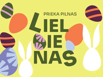 uz dzeltena fona, raibas Lieldienu olas un stilizēti balti zaķi. Sveiciena teksts - prieka pilnas Lieldienas