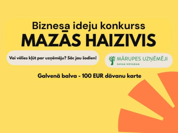 uz dzeltena fona ar melniem burtiem informācija par ideju konkursu Mazās haizivis