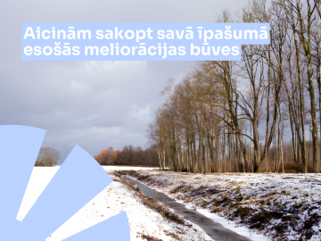 Dabas skats ar kokiem un grāvi ziemā, virsū teksta un elementu grafika