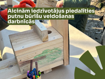 Foto ar putnu būrīšu veidošanu un teksta grafiku