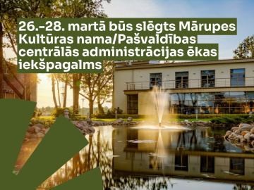 Ēkas pagalma foto ar teksta elementu grafiku virsū