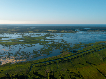 Ezers un pļava saulainā dienā