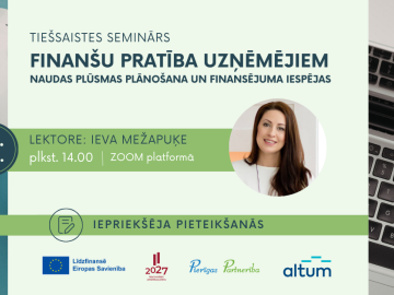 Vizuālis ar tekstu par finanšu pratības semināru