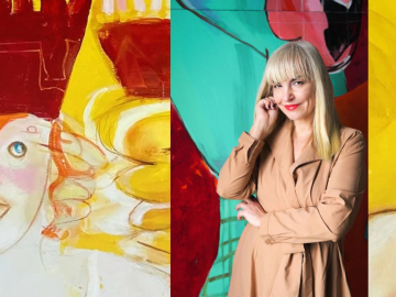 māksla fonā, priekšplānā mākslinieces foto portrets