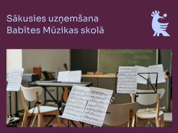 Tumši violets vizuālis ar tekstu par uzņemšanu Babītes Mūzikas skolā