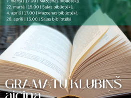 Atvērta grāmata, uz kuras uzrakstīts teksts par grāmatu klubiņa biedru tikšanās reizēm Mārupes novada bibliotēkā