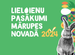 Zaļš fons, krāsaina Lieldienu grafika un teksts par Lieldienu pasākumiem