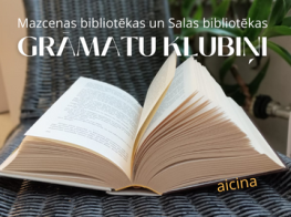 Atvērtas grāmatas lapas un teksts par grāmatu klubiņu tikšanos maijā