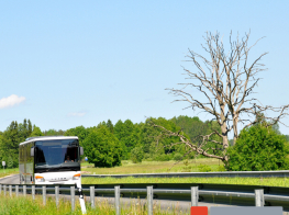 Autobuss brauc pa ceļu saulainā vasaras dienā