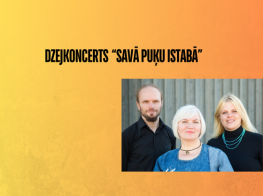 Oranžs fons ar trīs cilvēku foto un uzrakstu par pasākumu bibliotēkā
