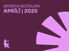 Tumši violets vizuālis ar tekstu Sporta notikumi aprilī 2025