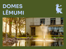 Zaļš vizuālis ar domes ēku un uzrakstu domes lēmumi