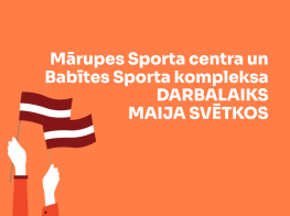 Oranžs vizuālis ar rokām, kuras tur Latvijas karogu un blakus balts teksts