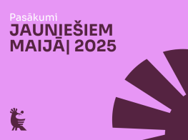 Rozā fons ar krāsainu grafiku un tekstu par pasākumiem